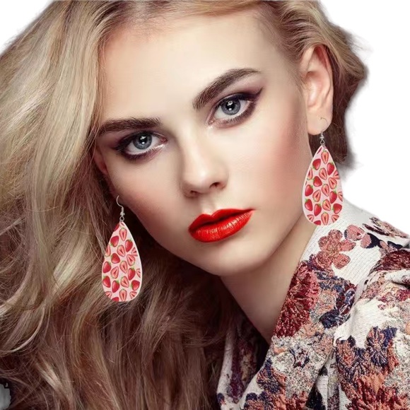 Leather Strawberry Print Pink and Red Teardrop Drop Earrings - Picture 5 of 8